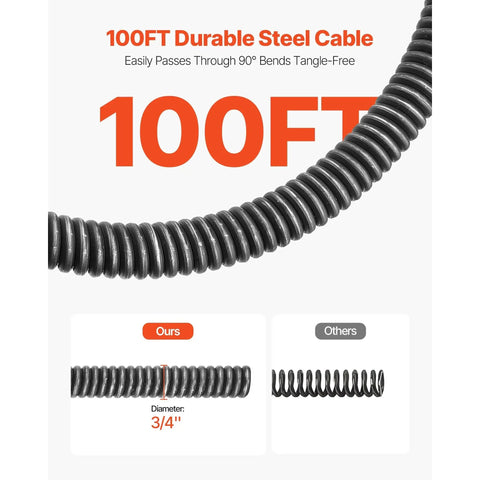 Wheeled Electric Sewer Snake Auger with 100 Feet Cable and Three Quarter Inch Width auto feed durable steel cable.