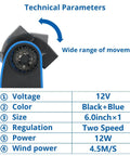 Compact 12V Auto Cooling Fan With Cigar Lighter Plug And Dual Speed Controls For Chill Vibes, showing technical parameters and adjustable design.