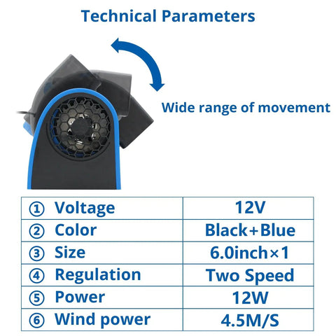 Compact 12V Auto Cooling Fan With Cigar Lighter Plug And Dual Speed Controls For Chill Vibes, showing technical parameters and adjustable design.
