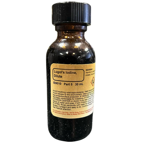 Brown bottle of Lugol's Iodine from Drug Detection And Analysis Kit For Classroom Forensic Science Labs With 15 Group Materials And Hands On Tests Including Aspirin Control Experiments And Realistic Case Scenarios.