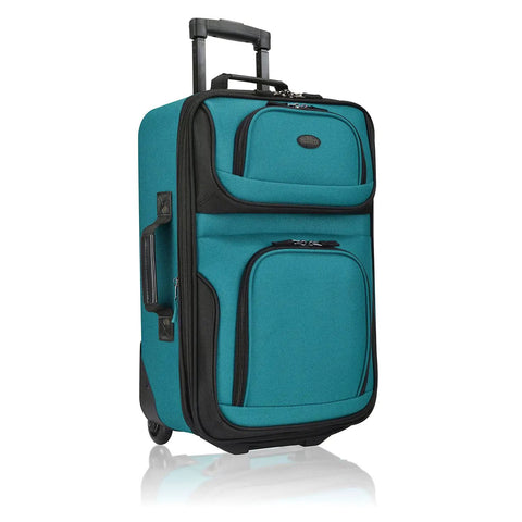 Teal Lightweight Softside Carry On Roller Luggage With 2 Wheels Deluxe Retractable Push Button Self Locking Handle Corner Protected Durable Polyester Build Affordable Travel Set For Easy Airport Navigation