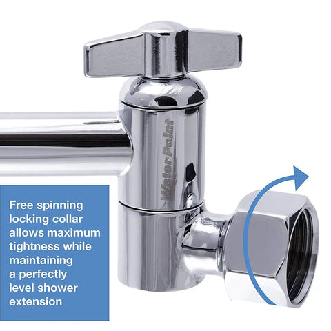 Close-up of the Adjustable Brass Shower Arm Extension With Chrome Finish showing free spinning locking collar for Standard Showers