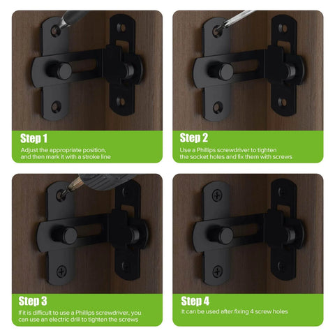Visual guide for installing Two Pack Stainless Steel 90 Degree Barn Door Lock Bifold Flip Latch For Barn, Bathroom, Outdoor And Garage In Black Finish, Rustproof And Durable, Weather Resistant, Easy Install, Smooth Operation, Heavy Duty Security For Home