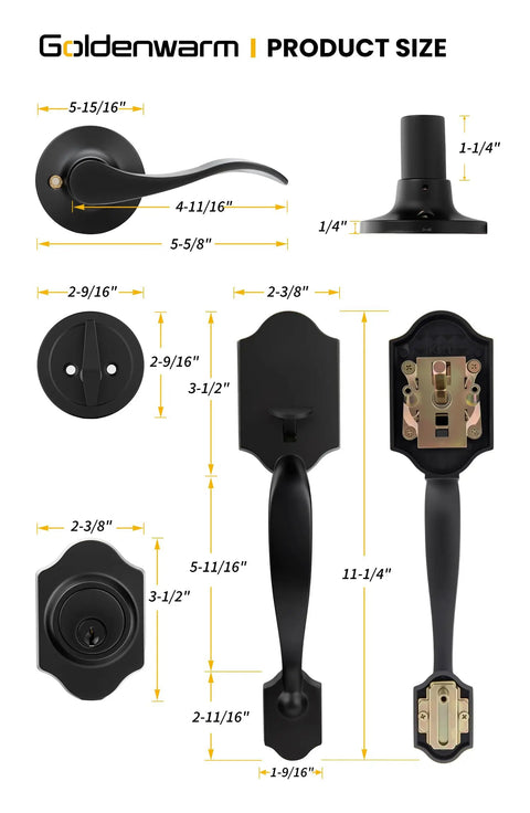 Matte Black Front Door Handle Set With Reversible Knob Classic Single Cylinder Front Door Lock Durable dimensions chart