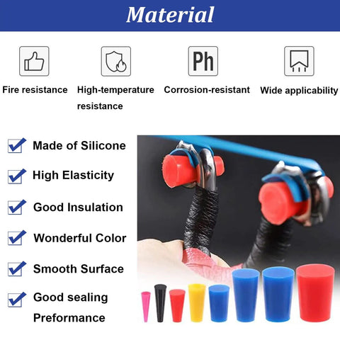 Pro Grade 100 Piece Silicone Rubber Tapered Plug Set From One Sixteenth To One Half Inch For Masking Holes During Powder Coating, Painting, Hydro Dipping, And Media Blasting displaying material features.