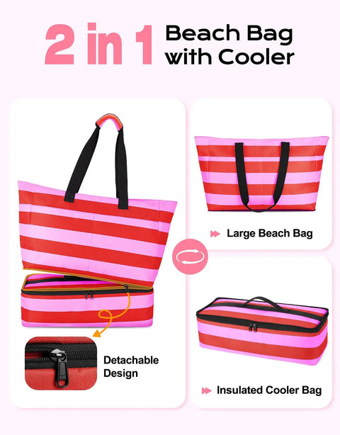 54L Beach Bag With Detachable Cooler, Waterproof And Sandproof Duffle Tote For Women, Travel Essentials, fits 4-6 towels, pink