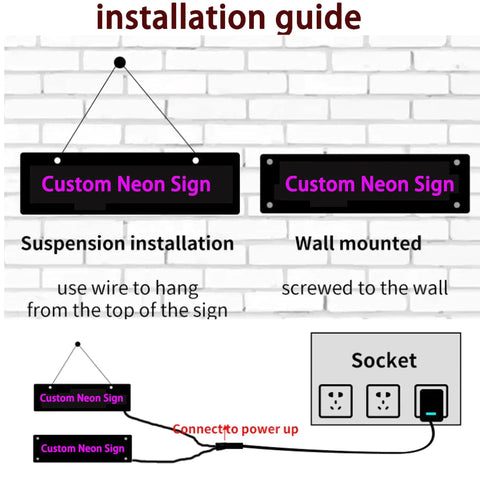 Installation guide for Pink You Are Like Really Pretty Neon Sign LED Wall Light, showing suspension and wall mount options