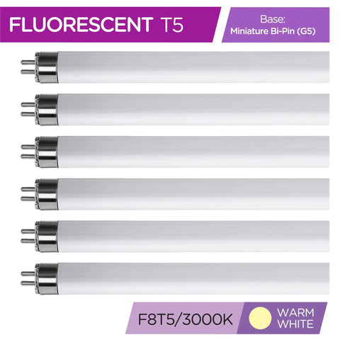 6 Pack T5 Fluorescent Bulbs F8T5 WW 8W 12 Inch Warm White 3000K Long Life Lamps arranged in a row