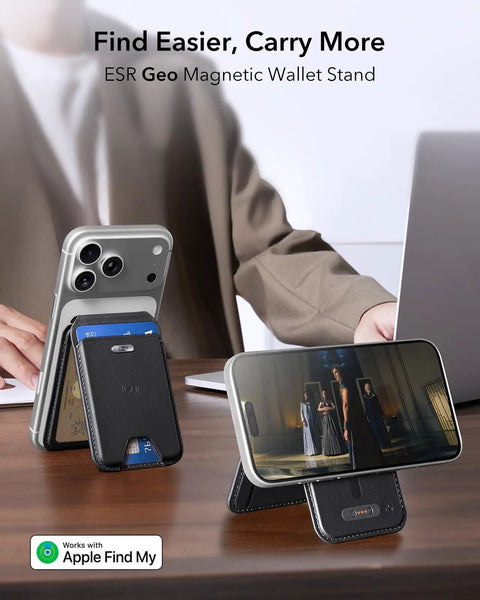 MagSafe Wallet With Find My For iPhone 17e 17 16 15 14 13 12 Series 5 Card Holder RFID Blocking stand on desk with phone display