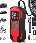 Hassle Free Portable Tire Inflator Cordless Air Compressor 150 Psi with digital gauge and accessories for roadside use.