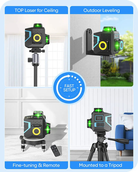 Green Laser Level Self Leveling With 3D Cross Line shown on tripod, wall mount, and remote control for construction alignment.