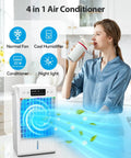 Woman using 4 In 1 Portable Air Conditioner And Fan With Humidifier For Room Office Desk Evaporative Mini Unit 1500ML Water Tank