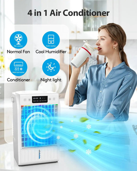 Woman using 4 In 1 Portable Air Conditioner And Fan With Humidifier For Room Office Desk Evaporative Mini Unit 1500ML Water Tank