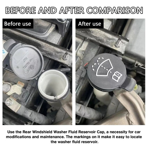 Comparison of before and after installing Premium Windshield Washer Fluid Reservoir Cap Replacement For Wiper Bottle Tank Direct Fit Cover OEM Style Cap For GMC Chevrolet Buick Cadillac Models Compatible With 12767700 13227300 19172571.