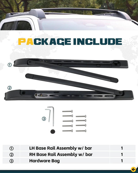 Package contents for Durable Aluminum Roof Rack Cross Bars For 2024 2025 2026 Toyota Tacoma Double Cab Fitment Easy Install 