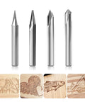 Engraving CNC Wood Carving Router Bits 1 Quarter Inch Shank 15 Degree 20 Degree 60 Degree 90 Degree V Bit With 2 Flutes Straight Tungsten Steel Conical Engraving Tool For Precise Details In 2D And 3D Carving Pro Grade For DIY Woodworkers shown with carved wood samples.