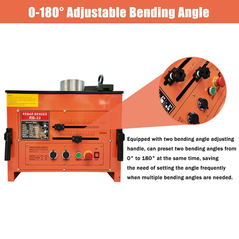 Built Like A Tank Electric Rebar Bender With Finger Tip Foot Switch Table Stand Setup For Quick Steel Rod Bending And Smooth 0 To 180 Degree Angles On Tough Jobs, showing adjustable angle handles.