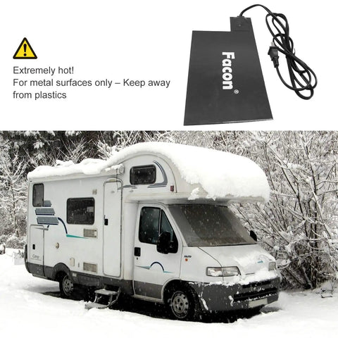 Heavy Duty Silicone Battery Heater Pad With Auto Thermostat Control Keeps Your Ride Kickstarting Fast In Brutal Winter Chill For Smooth Cold Morning Starts At One Twenty Volt Sixty Watt Grey with warning sign, next to snow-covered camper.