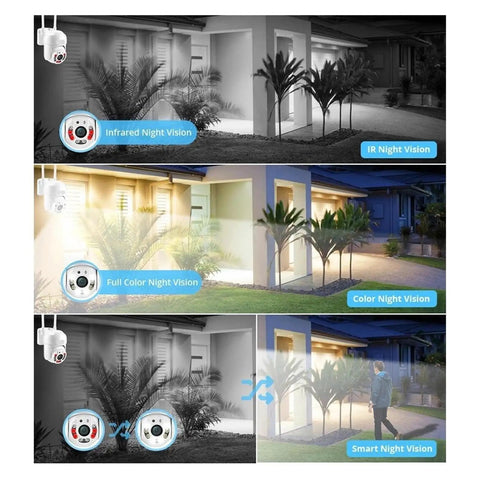 Beast Mode 4MP Outdoor WiFi PTZ Security Camera with 350 Pan and 90 Tilt plus 4X Zoom showing Infrared and Full Color Night Vision.