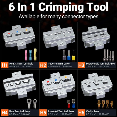 Ultimate Preciva Crimping Tool Kit Featuring Quick-Change 6-Jaw System, Heavy Duty Wire Stripper, Plus 285 Premium Terminals For Heat Shrink Insulated And Solar Connectors In Auto Or Home Jobs, 6 jaw dies