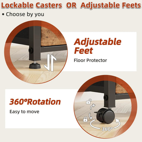 Lockable casters and adjustable feet of 2 Drawer File Cabinet With 24 Inch Extended Desktop On Wheels Mobile Rolling Filing Cabinet With Fabric Drawers Fits A4 And Letter Size Printer Stand For Your Home Office Setup Light Brown, shown with 360° rotation