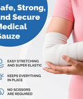 Medical gauze wrap on forearm; white elastic bandage with blue banner reading Safe, Strong, and Secure Medical Gauze