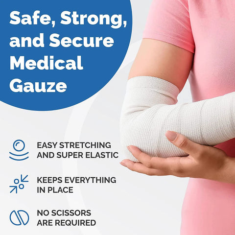 Medical gauze wrap on forearm; white elastic bandage with blue banner reading Safe, Strong, and Secure Medical Gauze