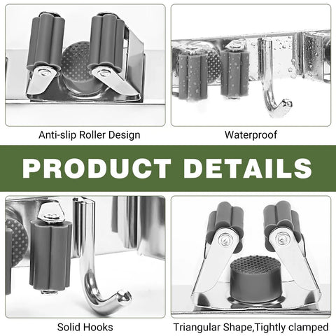 Heavy Duty Stainless Steel Broom Holder Wall Mount With Five Racks And Four Hooks, close-up details.