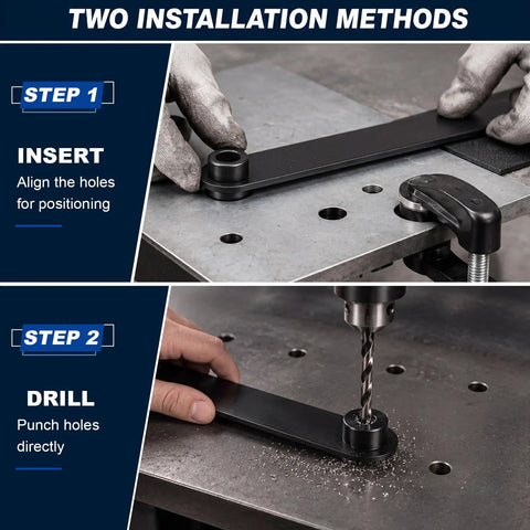 Five Piece Six Inch Hole Finder Tools Kit For Sheet Metal Duplication with steps for aligning and drilling holes in metal