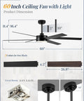Straight Up Quality Cooling Hits Right In The Center With This 60 Inch Ceiling Fan With Light And Remote 6 Speed Operation 6 Blades Year Round Fresh Air Smooth Dimming Three Color Glow Heavy Duty Dc Motor For Covered Patios dimensions showing black ceiling fan with light and integrated design.