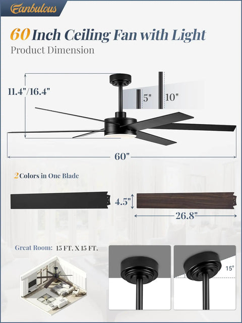 Straight Up Quality Cooling Hits Right In The Center With This 60 Inch Ceiling Fan With Light And Remote 6 Speed Operation 6 Blades Year Round Fresh Air Smooth Dimming Three Color Glow Heavy Duty Dc Motor For Covered Patios dimensions showing black ceiling fan with light and integrated design.