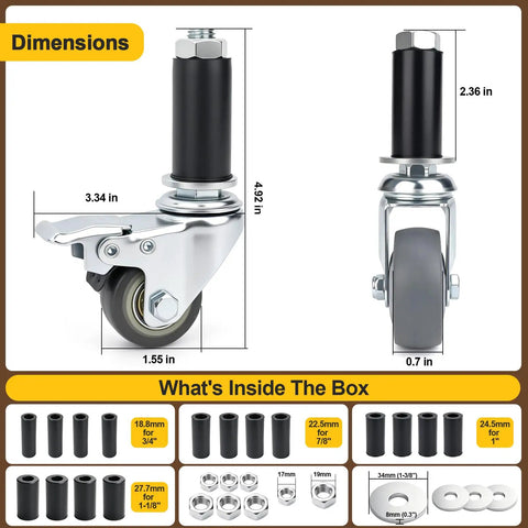 Heavy Duty Expanding Stem Casters With Roll Like Butter Rubber Wheels Set Of 4 dimensions and size details for easy installation.