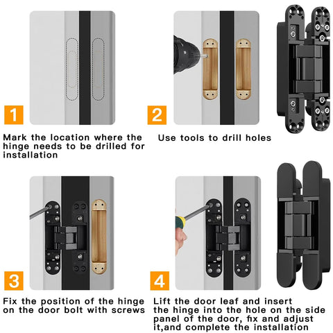 Installation process of Hidden Door Hinges Pack Of 2, 6 Inch, Upgraded Invisible Concealed Hinge System, Heavy Duty for secret doors.