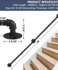 5 Foot Indoor Stair Handrail Kit Matte Black Iron Pipe Railing With Wall Mount Support for Stairs, showing dimensions and stair attachment.