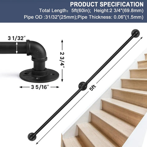 5 Foot Indoor Stair Handrail Kit Matte Black Iron Pipe Railing With Wall Mount Support for Stairs, showing dimensions and stair attachment.