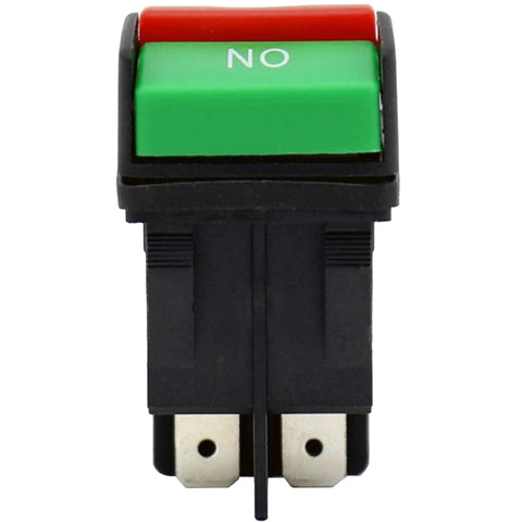 Front view of HY52 4 Pin Push Button On Off Switch 125 To 250V 20 To 12A for heavy duty pressure washers and tools with black casing.