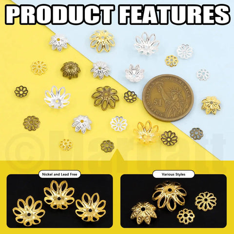 Massive 2100 Piece Bead Caps Kit With 12 Styles In Gold Silver Bronze Hollow Flower End Caps For DIY Jewelry Making Supplies
