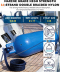 Rugged Four Pack Boat Fender Dock Lines Three Eighths Inch By Six Foot Nylon Double Braided with anti-chafe sleeve on boat deck.