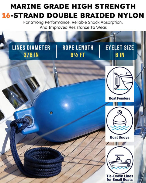 Rugged Four Pack Boat Fender Dock Lines Three Eighths Inch By Six Foot Nylon Double Braided with anti-chafe sleeve on boat deck.