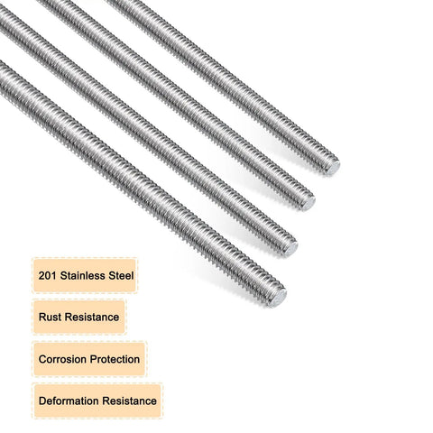 8 Piece M4 Threaded Rods Kit, 10 Inch, Stainless Steel 201, Full Threads close-up showing smooth surface and thread details.