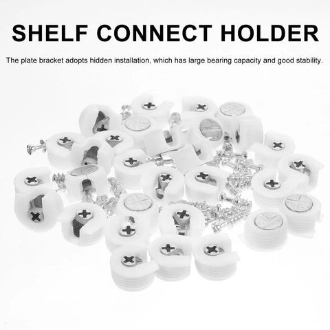 White Furniture Shelf Support Pegs Cam Lock Fasteners With Cabinet Connectors For Hidden Shelf Brackets And Wardrobe Panel Assembly parts laid out.