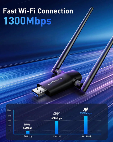 Fast 1300Mbps USB WiFi Adapter For PC And Laptop With Dual 5dBi Antennas, 5G/2.4G Dual-Band Wireless Network Card For Windows