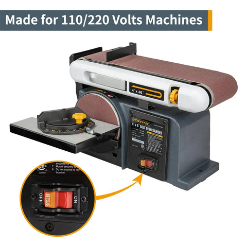 Straight Up Heavy Duty Plug And Play Dual Voltage Safety Toggle Switch 16 Amp On Off For Table Saw Router Drill Press Bandsaw Pre Wired Cords Ready To Roll Shop Gear installed on a belt disc sander.