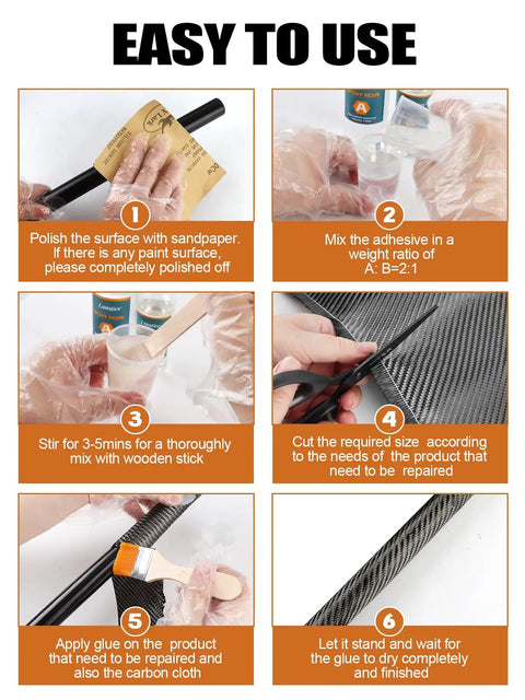 5Ft Carbon Fiber Repair Kit With 12 Inch Cloth Roll Epoxy Resin 200g And 100g Hardener For DIY Car Boat Basement Home Repairs Includes Mixing Cups Sticks Gloves Sandpaper Pro Grade usage steps