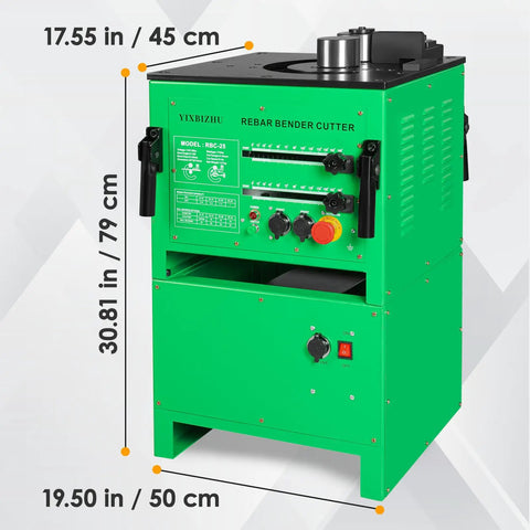 Beefy 1700W Hydraulic Rebar Cutter And Bender 2 In 1 Tool with dimensions shown in centimeters and inches