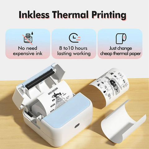 Banapoy Inkless Bluetooth Thermal Label Maker Machine With Five Rolls Paper showcasing inkless printing and label rolls.