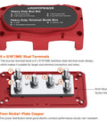 Badass Heavy Duty 450 Amp 12-48 Volt Busbar Box with six M8 studs and nickel plated copper terminals for RV and solar projects.