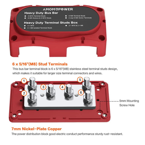 Badass Heavy Duty 450 Amp 12-48 Volt Busbar Box with six M8 studs and nickel plated copper terminals for RV and solar projects.