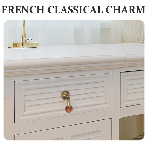 Vintage Cabinet Door Pull Handle In Antique Brass With Black Walnut Wood Round Pendant Knob on white drawer