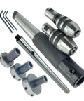 Pro 8-Piece Mt2 Lathe Tailstock Tap And Die Holder Combo Kit With Precision Morse Taper Shank, Full Tapping Set, Stop Handle, Premium Wooden Box For Serious Machinists: MT2 holders and taps on white